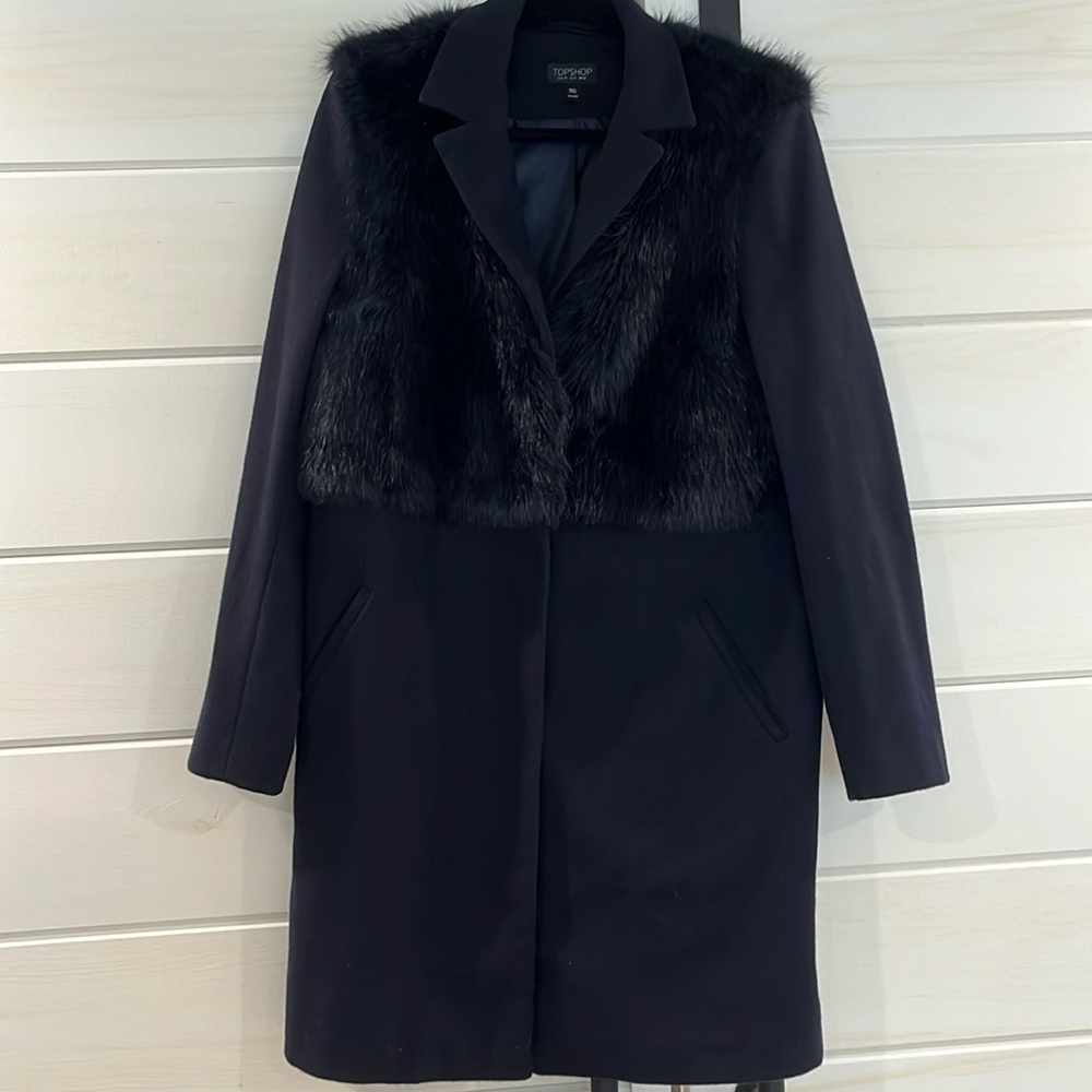 Topshop Navy Blue Faux Fur Coat